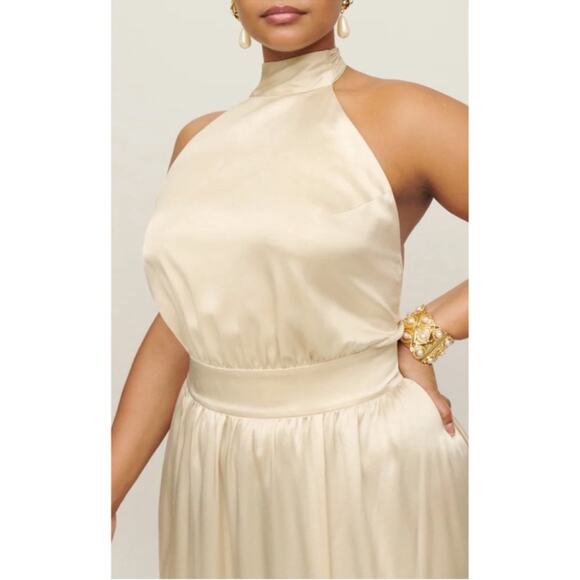 Reformation Alani Silk Halterneck Open Back Ivory White Maxi Dress Size 14 - Picture 4 of 12
